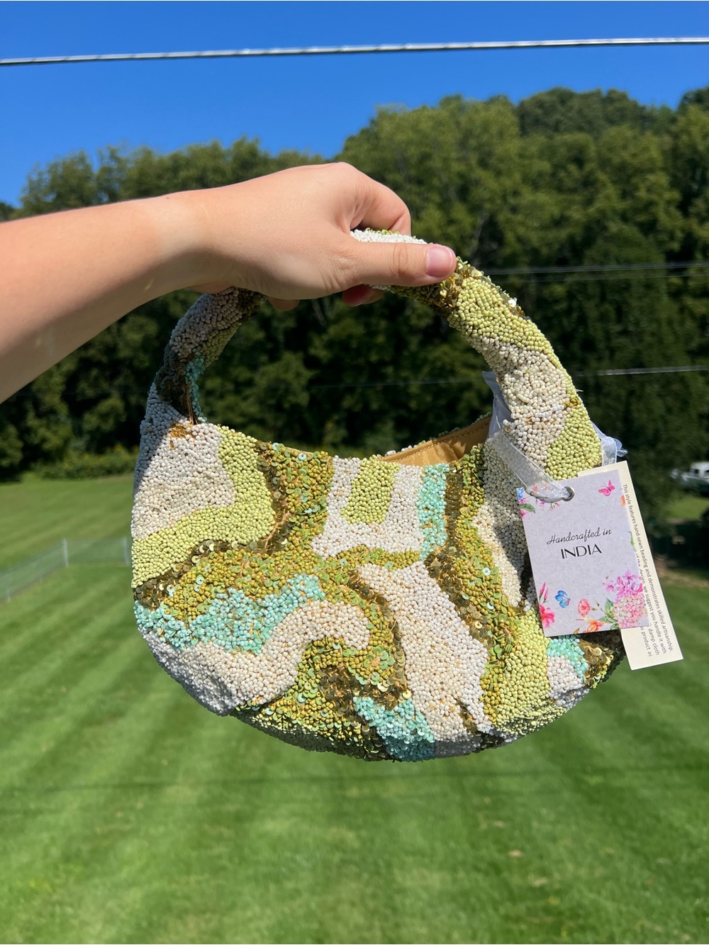 Handcrafted In India Viral Green Beaded/Sequin Bag NWT